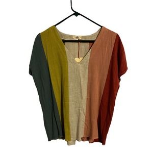 Entro Womens Blouse Size Medium Blue Green Beige Pink Stripes V Neck Linen Blend